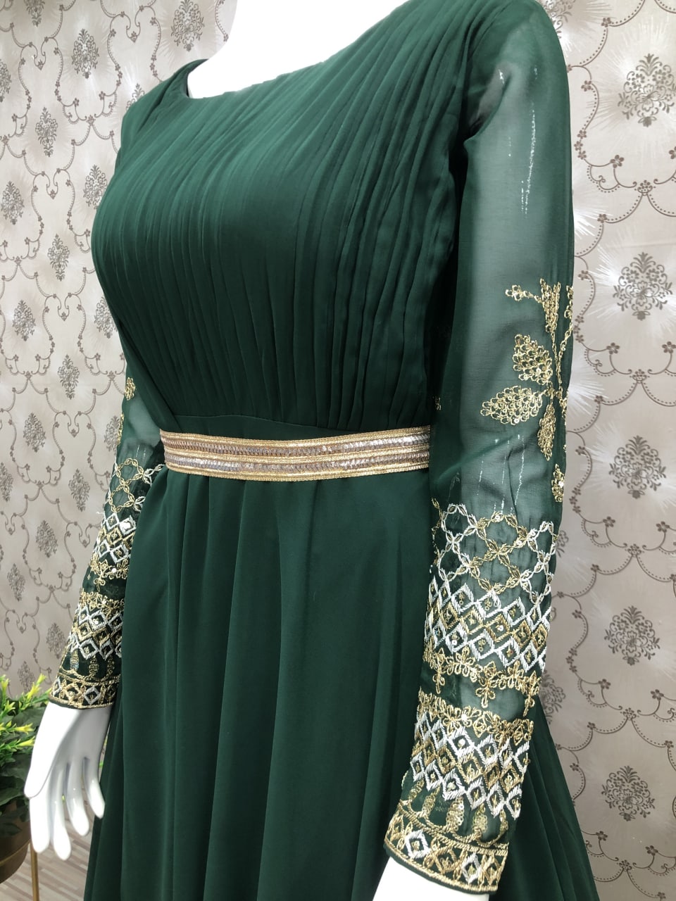 Buy Wedding Party Gown - Bottle Green Georgette Thread & Sequins Gown –  Empress Clothing